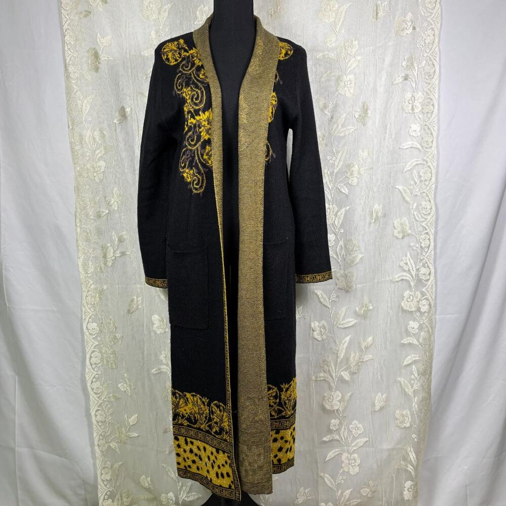 Vertigo Paris Black & Gold Intarsia Knit Long Duster Cardigan Sweater